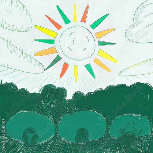 Cartoon sun with radiant beams over green hills for kids' themes photo