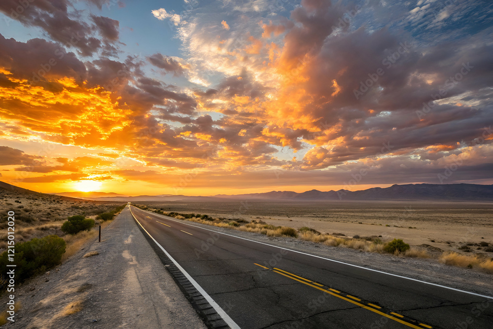 Fototapeta premium A picturesque sunset over an empty road, with vibrant colors in the sky and mountains in the distance, creating a serene and tranquil atmosphere.