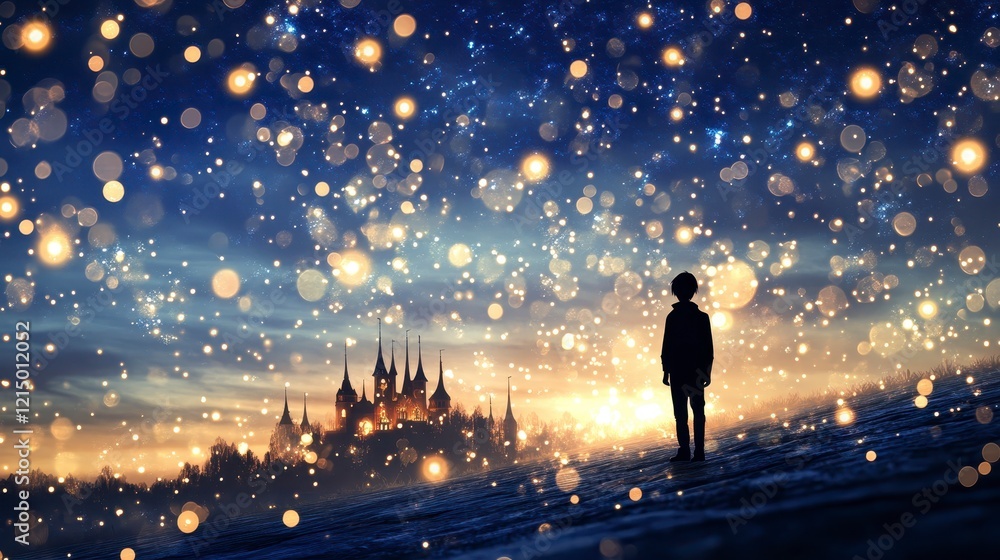 Fototapeta premium Silhouette of a Child Gazing at a Magical Winter Cityscape Under a Starlit Sky