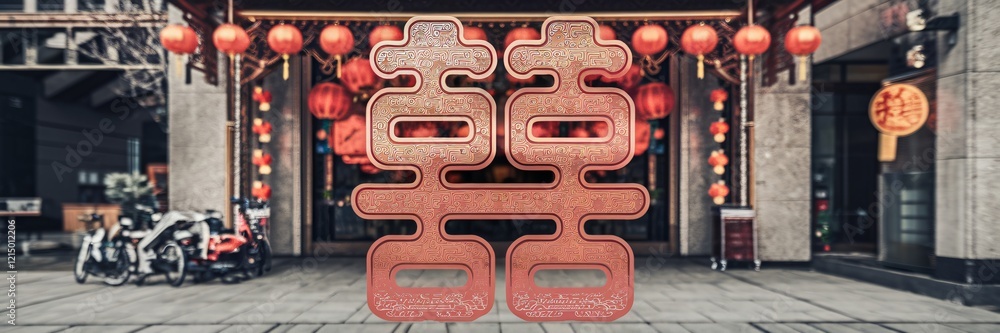 Double Happiness symbol in front of Asian shop. Double Happiness symbol in front of Asian shop.