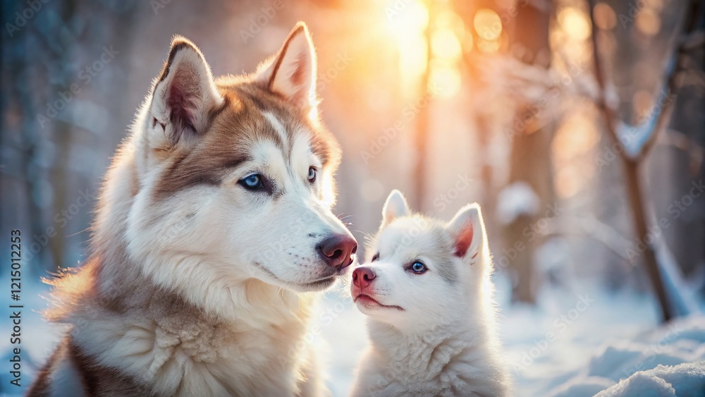 Naklejka premium Husky Mother and Puppy in Snowy Landscape - Adorable Dog Portrait