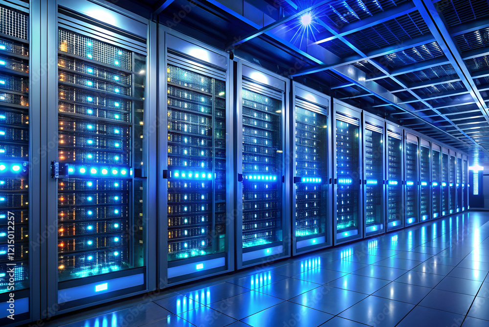 A high-tech data center featuring rows of illuminated server racks, showcasing advanced computing equipment in a modern environment. A high-tech data center featuring rows of illuminated server racks, showcasing advanced computing equipment in a modern environment.
