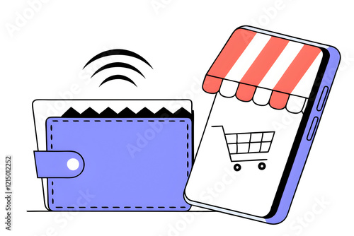 digital wallet and online shopping cart icon signify e-commerce transactions. wireless signal illustrates connectivity. ideal for digital transactions, online shopping, wireless payments, fintech photo