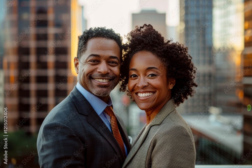 Portrait of a smiling mixed race couple in their 40s wearing a professional suit jacket over vibrant city skyline Portrait of a smiling mixed race couple in their 40s wearing a professional suit jacket over vibrant city skyline