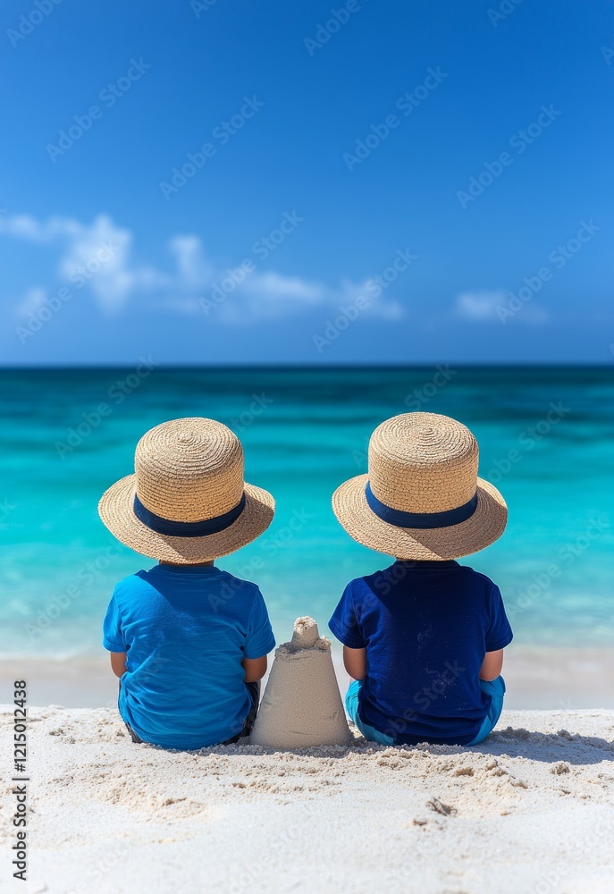 Kids Building Sandcastles on a Sunny Beach with Clear Blue Water in the Background Kids Building Sandcastles on a Sunny Beach with Clear Blue Water in the Background