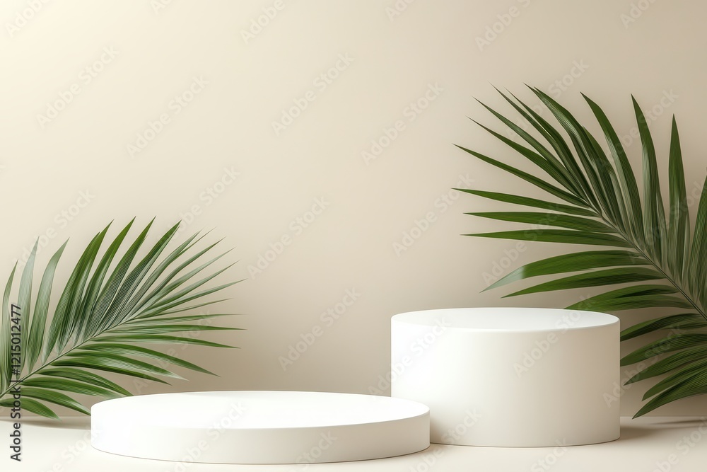 Minimalist product display, neutral backdrop, palm leaves, studio Minimalist product display, neutral backdrop, palm leaves, studio