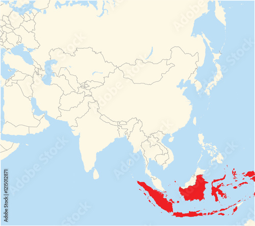 Location Map of the country Indonesia in Asia. The country is highlighted with a red polygon. No labels at all.