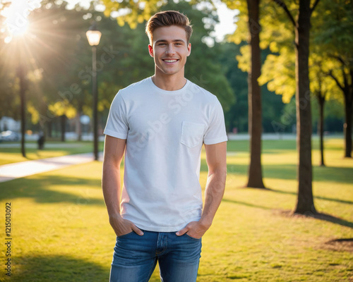 Young man wearing white t-shirt and jeans standing in the park