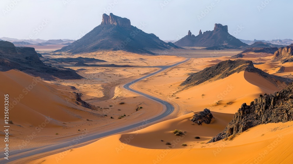 Fototapeta premium Scenic desert landscape with winding road and distant rocky formations