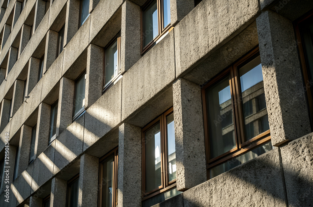 A close-up view of a concrete building facade featuring modern windows and interesting shadow patterns. A close-up view of a concrete building facade featuring modern windows and interesting shadow patterns.