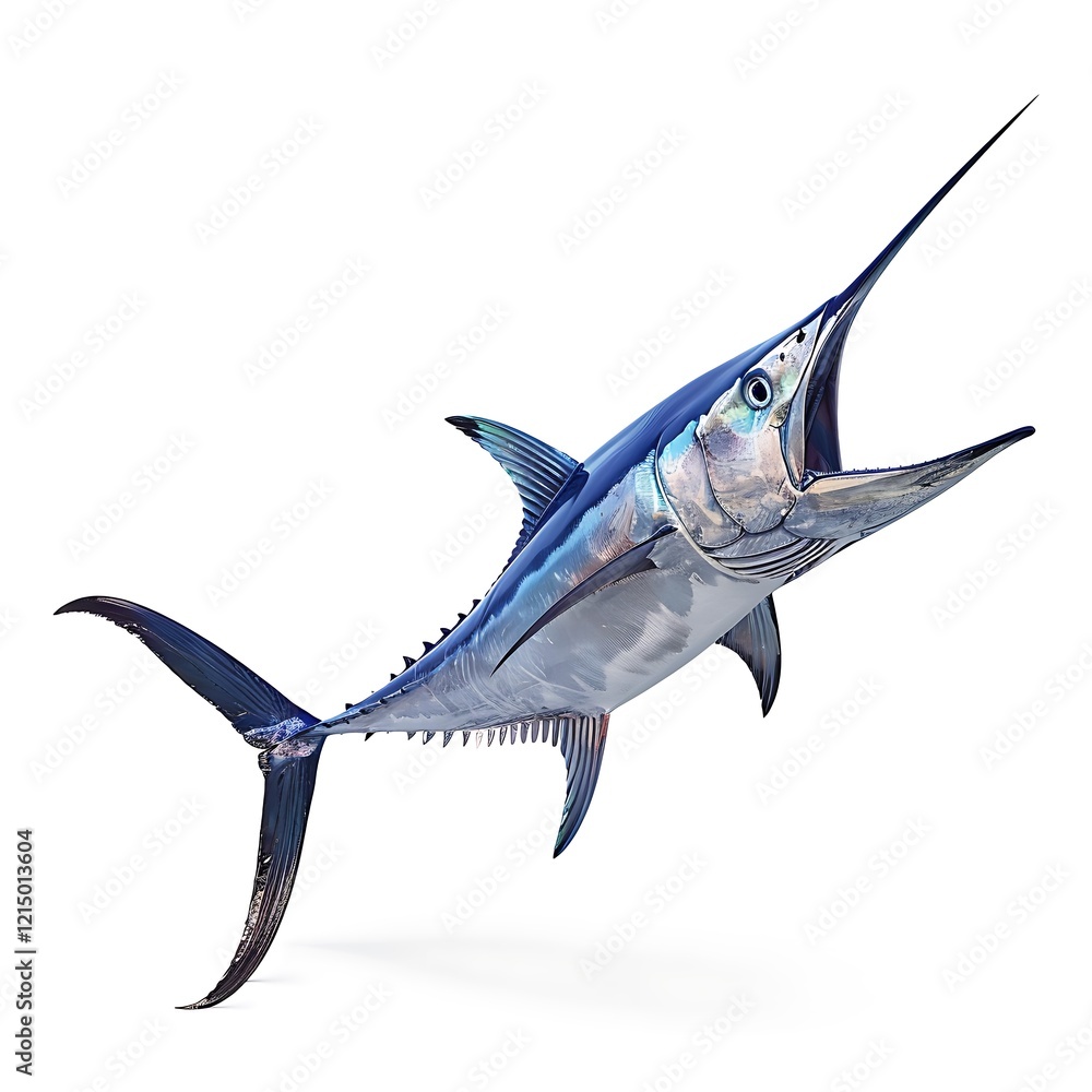 Fototapeta premium Swordfish in Action: A majestic swordfish leaps from the water, its long, sharp bill slicing through the air.