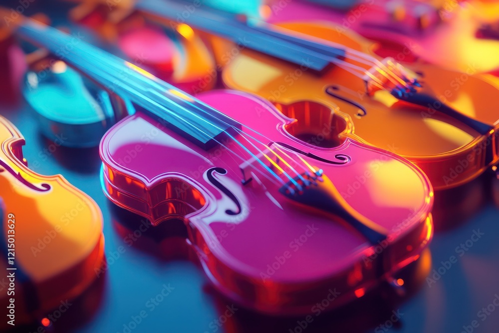 Fototapeta premium 3D-rendered musical instruments with a mix of sharp and smooth surfaces, reflecting a modern aesthetic with vibrant, high-contrast colors