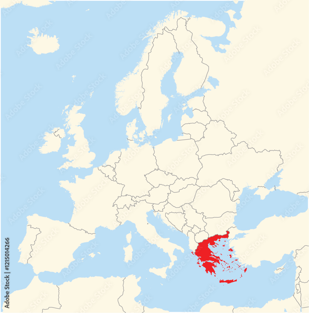Location Map of the country Greece in Europe. The country is highlighted with a red polygon. No labels at all. Location Map of the country Greece in Europe. The country is highlighted with a red polygon. No labels at all.