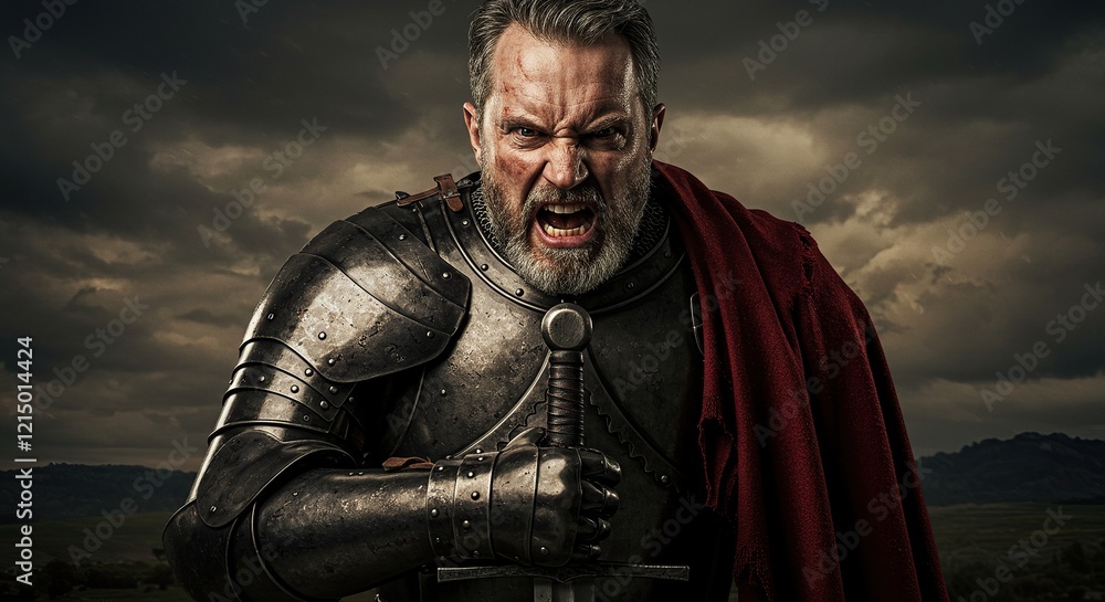 Medieval Knight in Full Armor Holding Sword Against Stormy Sky - Dramatic Historical Portrait Medieval Knight in Full Armor Holding Sword Against Stormy Sky - Dramatic Historical Portrait