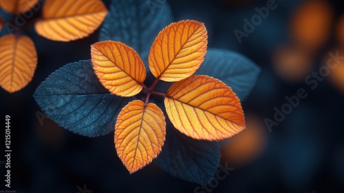Close-up view of orange and dark blue leaves with textured veins and blurred background