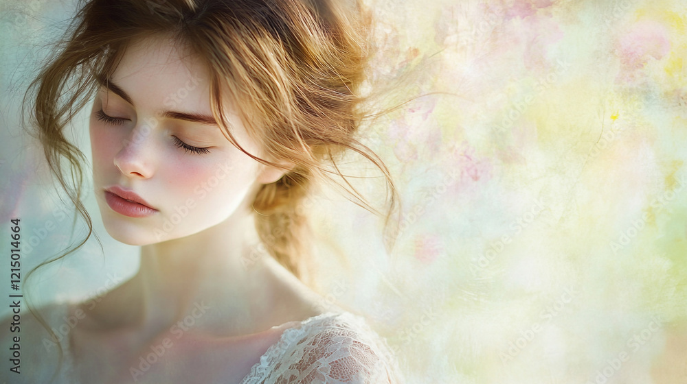 Young woman with soft features enjoying a peaceful moment in a dreamy setting Young woman with soft features enjoying a peaceful moment in a dreamy setting