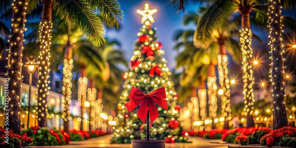 Festive Christmas Tree with Palm Trees, Red Bows, and White Lights at Night - Tilt-Shift Photography Festive Christmas Tree with Palm Trees, Red Bows, and White Lights at Night - Tilt-Shift Photography