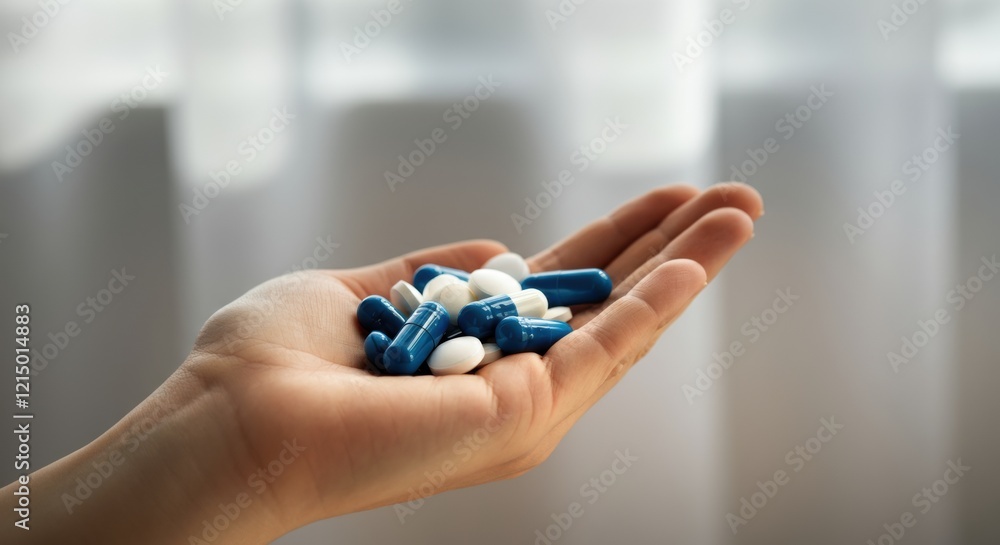 Hand holding various blue and white capsules, symbolizing health and wellness Hand holding various blue and white capsules, symbolizing health and wellness