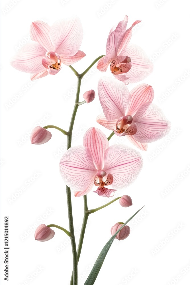 Delicate pink orchids bloom on stem against white background. Close-up view flower petals, buds. Natural beauty, floral themes. Elegant image for home decor products fashion. Perfect for beauty Delicate pink orchids bloom on stem against white background. Close-up view flower petals, buds. Natural beauty, floral themes. Elegant image for home decor products fashion. Perfect for beauty