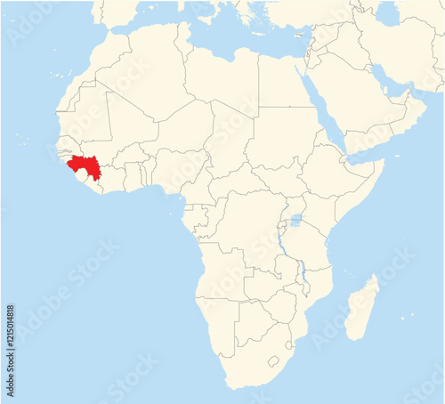 Location Map of the country Guinea in Africa. The country is highlighted with a red polygon. No labels at all.