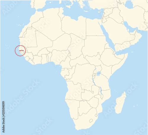 Location Map of the country Gambia in Africa. The country is highlighted with a red polygon. No labels at all.