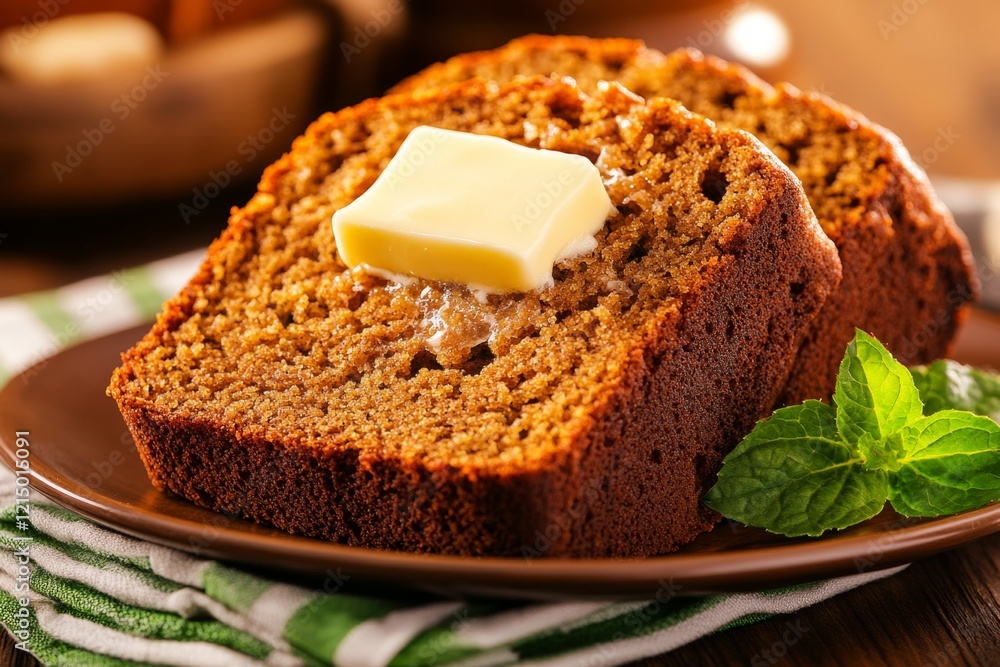 A close-up of a slice of zucchini bread on a plate, topped with a dollop of butter that beginning to melt