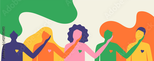 Women's power banner concept. Vector flat modern illustration of five women's figures of different races and nationalities supporting each other