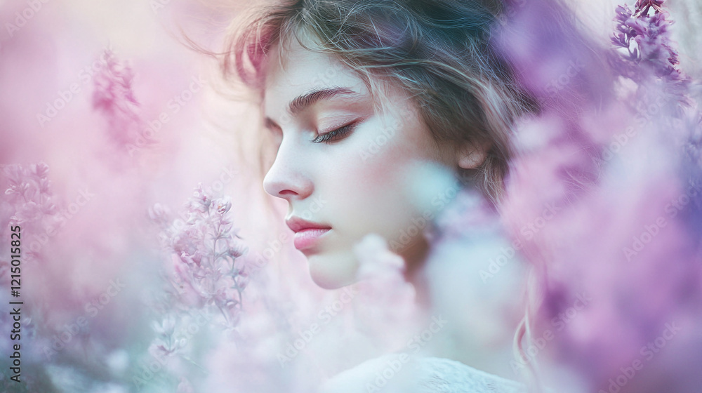 Soft floral portrait of a woman surrounded by blooming flowers during golden hour Soft floral portrait of a woman surrounded by blooming flowers during golden hour