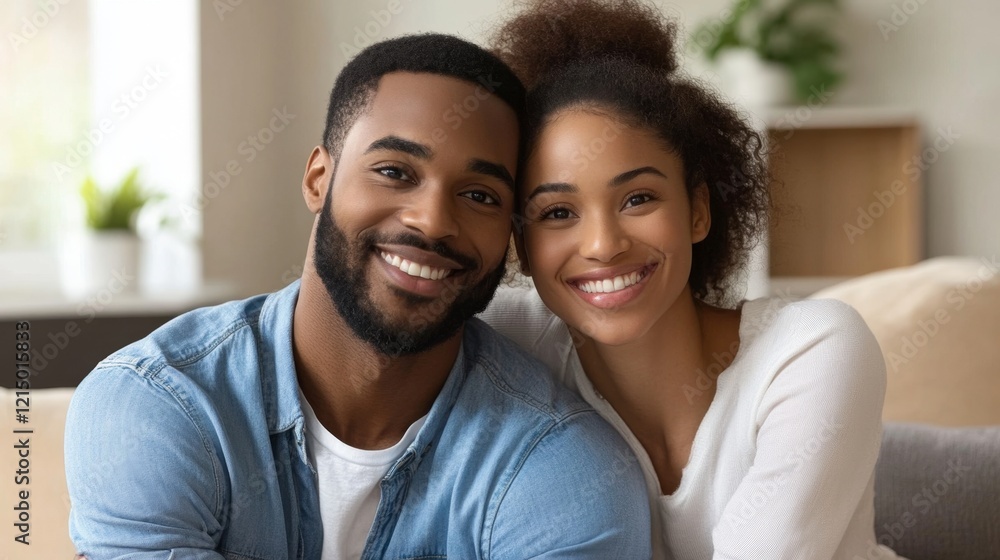 Obraz premium Happy Couple Smiling Together Indoors in Bright Living Room