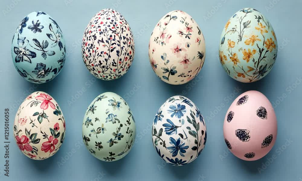 Collection of Neatly arranged Eggs with Floral Patterns. Duck Egg Blue Easter Background. Collection of Neatly arranged Eggs with Floral Patterns. Duck Egg Blue Easter Background.