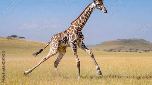 Juvenile giraffe galloping across savanna with its gangly legs in motion framed by golden grass and distant hills captured with a high speed telephoto lens to freeze the action photo