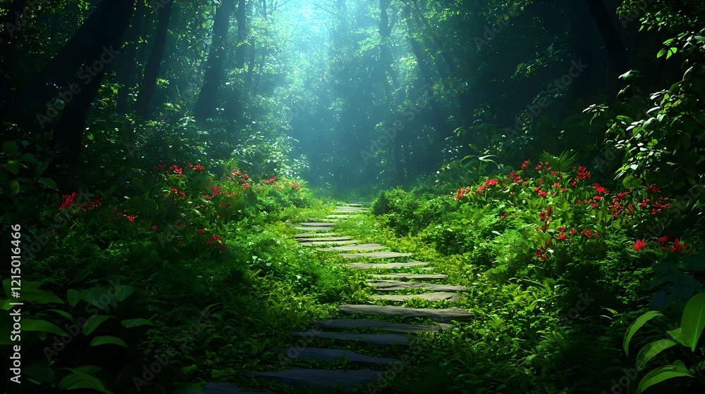 Fototapeta premium Lush Green Forest Pathway with Vibrant Flowers and Soft Light