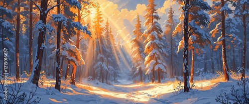 Snowdraped forest with golden sunbeams illustration background design photo