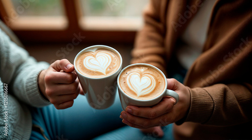 Couple is sitting in a restaurant holding coffee in their hands. High quality photo © Lissa