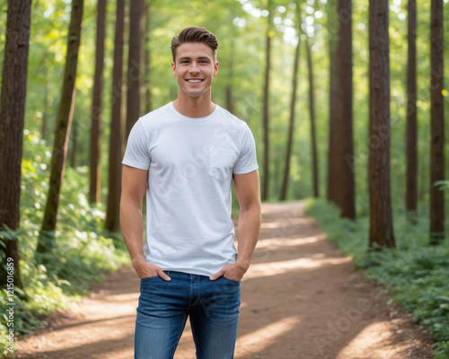 Young man wearing white t-shirt and jeans standing on path in forest