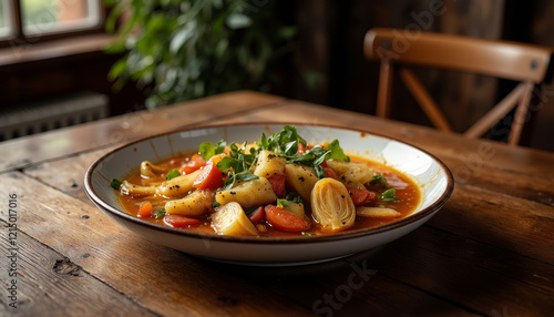 Delicious bowl of rosół soup on wooden table, evening warmth photo