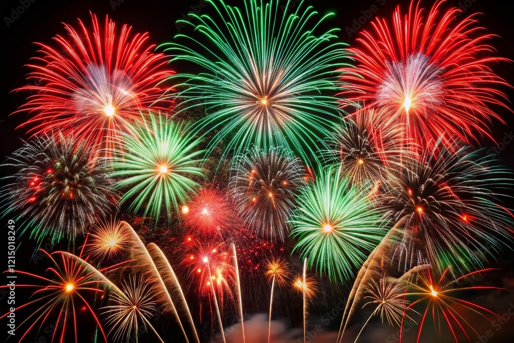 Festive Red, Green & White Fireworks Explosion at Night - 4K Stock Photo Festive Red, Green & White Fireworks Explosion at Night - 4K Stock Photo