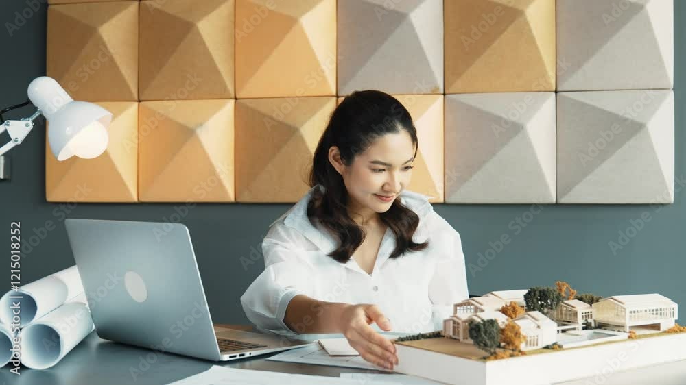 Smart interior designer using laptop analysis building structure with project plan, laptop and architectural model at modern office. Asian project manager measures building design. Manipulator.