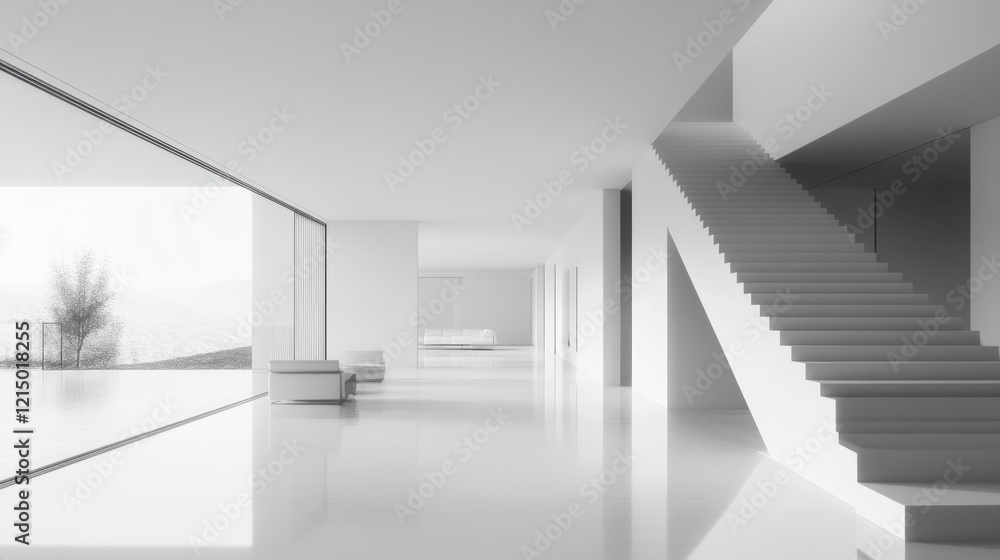 Fototapeta premium Modern White Interior Design With Staircase and View