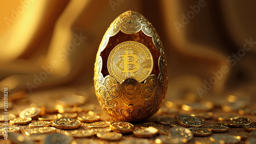 Gleaming Bitcoin in a Luxurious Gold Egg Symbolizing Wealth and Modern Digital Assets for Finance Blogs and Investment Campaigns photo