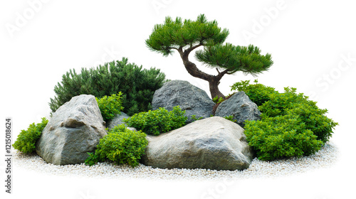 Serene Japanese rock garden with lush greenery, bonsai tree, and white pebbles on isolated transparent PNG background, perfect for Zen landscaping designs and outdoor decor projects photo