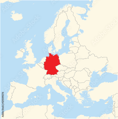Location Map of the country Germany in Europe. The country is highlighted with a red polygon. No labels at all.