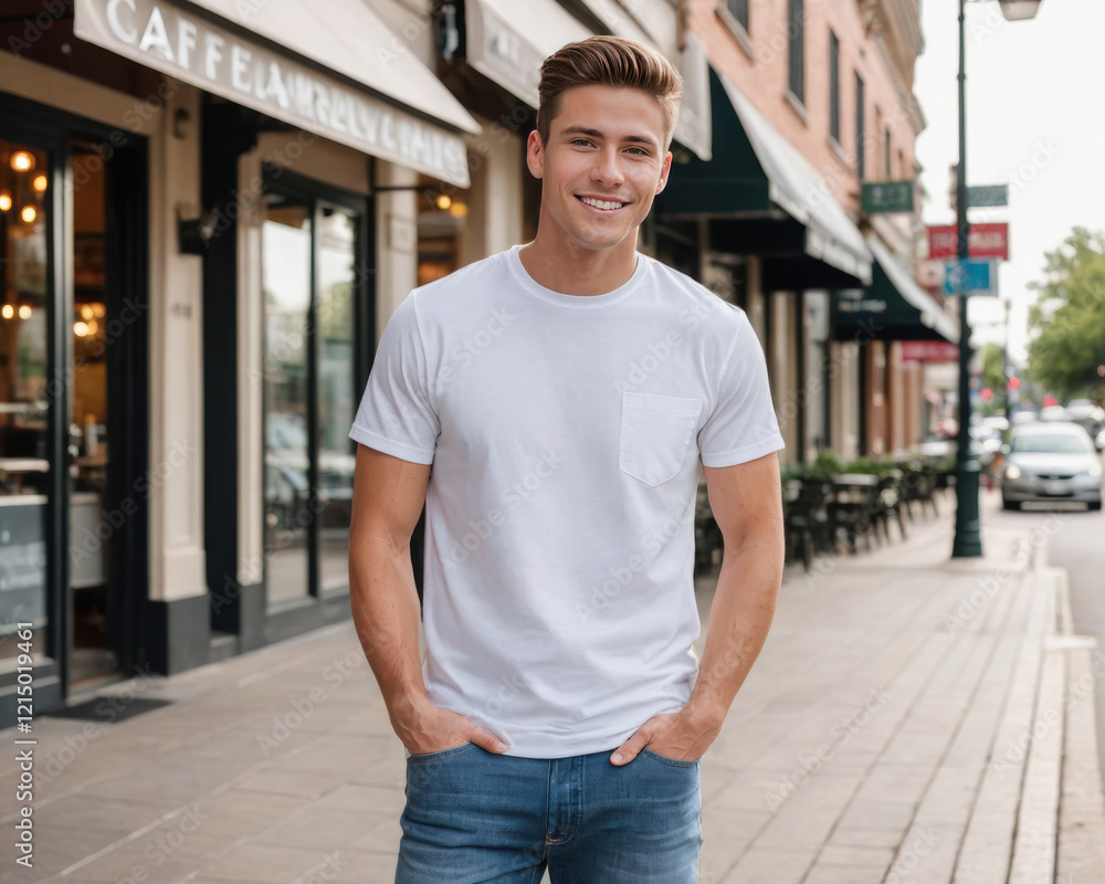 Young man wearing white t-shirt and jeans standing on the street Young man wearing white t-shirt and jeans standing on the street
