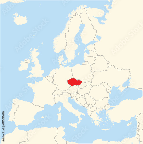 Location Map of the country Czechia in Europe. The country is highlighted with a red polygon. No labels at all.