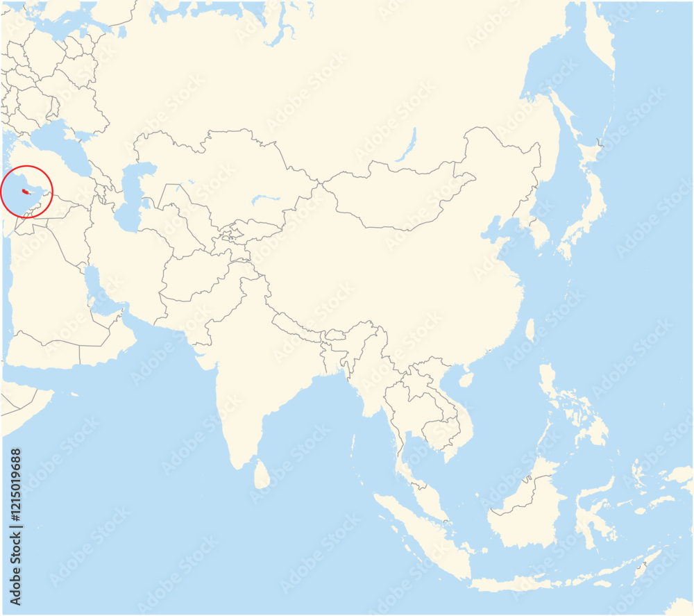 Obraz premium Location Map of the country Cyprus in Asia. The country is highlighted with a red polygon. No labels at all.