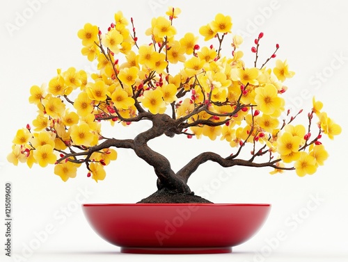 Yellow apricot flower bonsai in a red pot with New Year decoration on a white background, in a 3D illustration style, with high resolution, high quality, high detail,