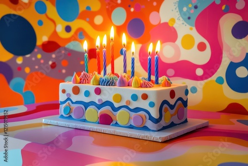 A birthday cake with artistic decorations and bright candles, set against a vibrant and joyful backdrop