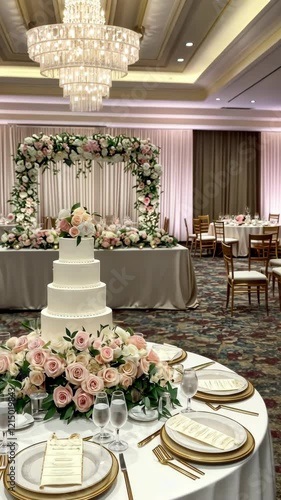 Elegant wedding reception setup featuring floral decorations and a tiered cake in a banquet hall