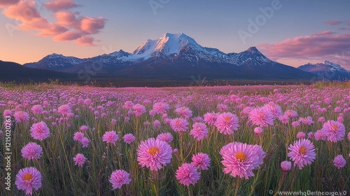 A Breathtaking Landscape of Pink Flowers and Snow Capped Mountain Peaks at Dusk photo