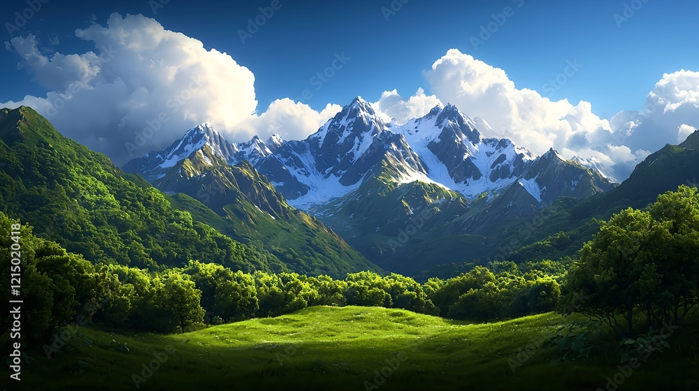 Fototapeta premium Majestic Mountain Landscape with Lush Green Valley and Blue Sky